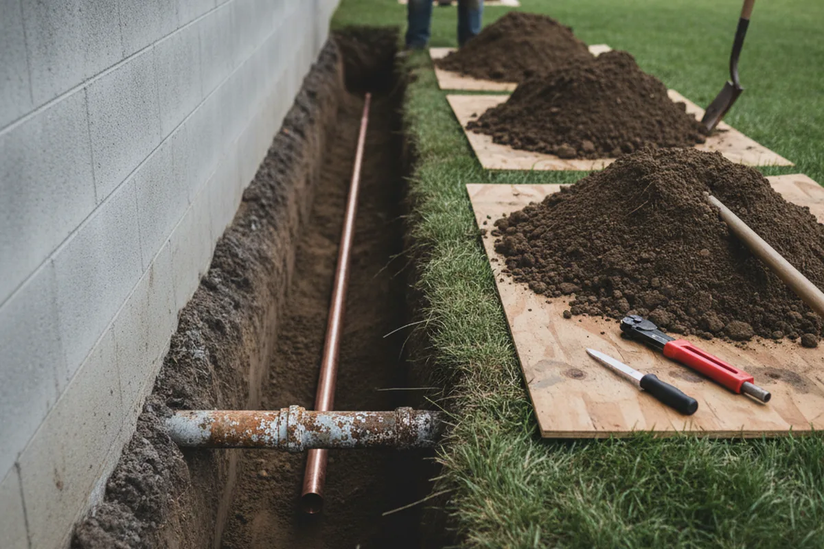 Excavated water line trench during Sewer Line Repair in Jensen Beach